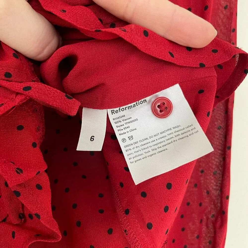 Reformation Italia Red & Black Polka Dot Ruffle Top Size 6
